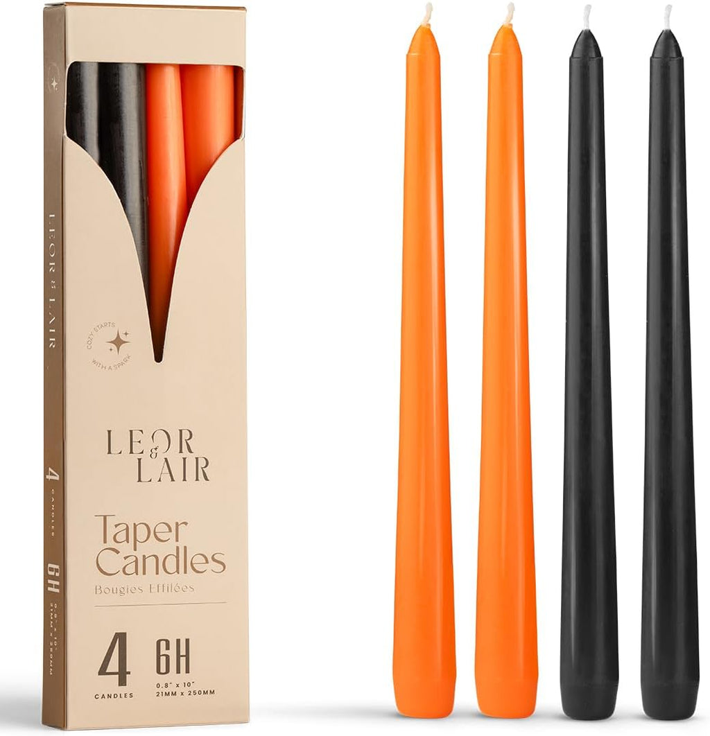 Leor & Lair Halloween Candlesticks, 4 Pack, 10" Orange & Black Candles