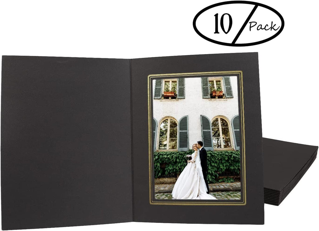 Golden State Art, Pack of 10, 5x7 Photo Folders, Cardboard Picture Frame, Paper Frame Cards, Greetings/Invitation Special Events: Graduation, Christmas (Black with Gold Lining)