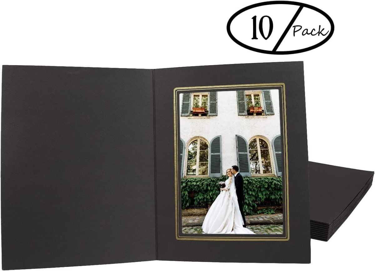 Golden State Art, Pack of 10, 5x7 Photo Folders, Cardboard Picture Frame, Paper Frame Cards, Greetings/Invitation Special Events: Graduation, Christmas (Black with Gold Lining)