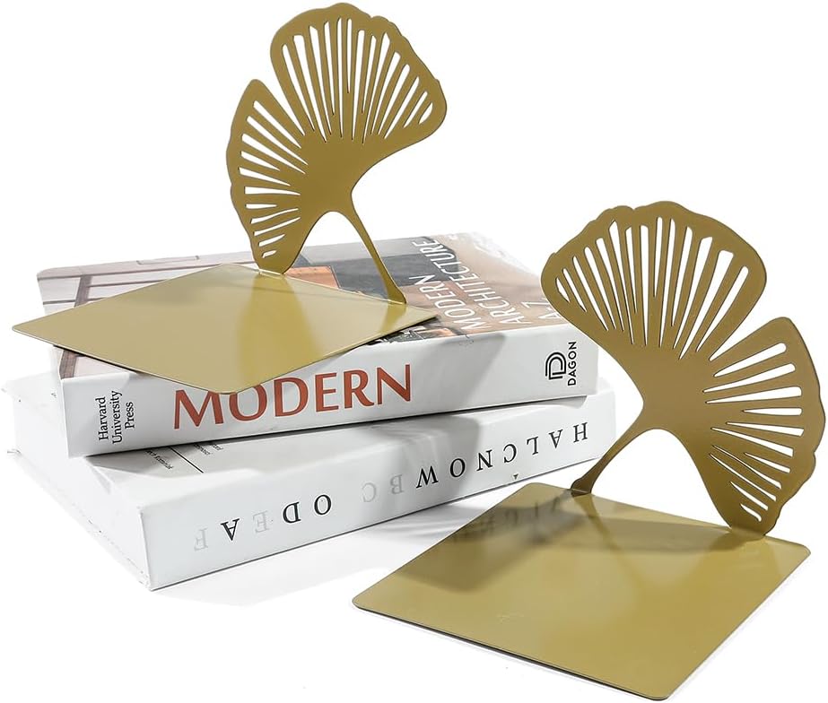 Ginkgo Leaf Metal Bookend, Botanical Leaf Veins Heavy Duty Book Stand