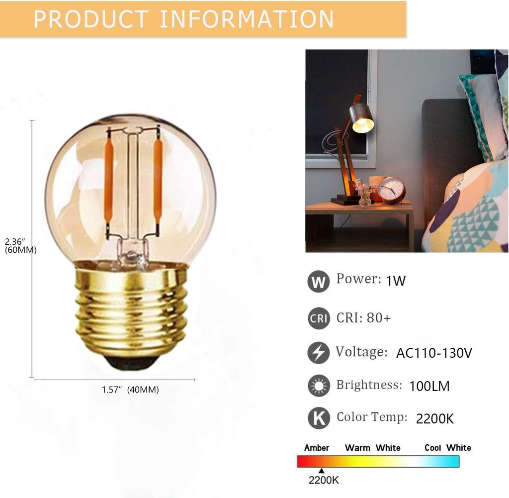 G40 E26 LED Amber Bulbs, 1W (10W Eq), 2200K Low Wattage Light Bulb, 6Pack