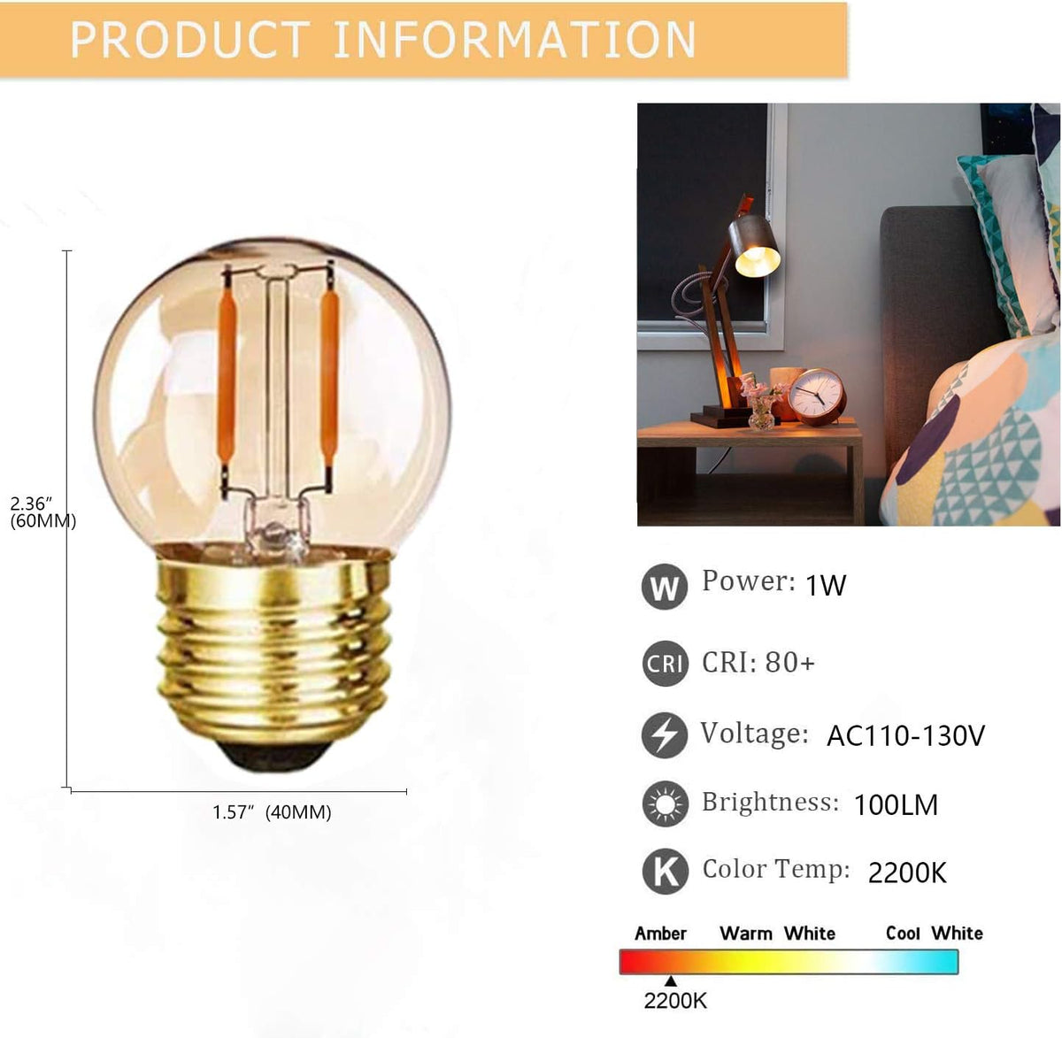 G40 E26 LED Amber Bulbs, 1W (10W Eq), 2200K Low Wattage Light Bulb, 6Pack