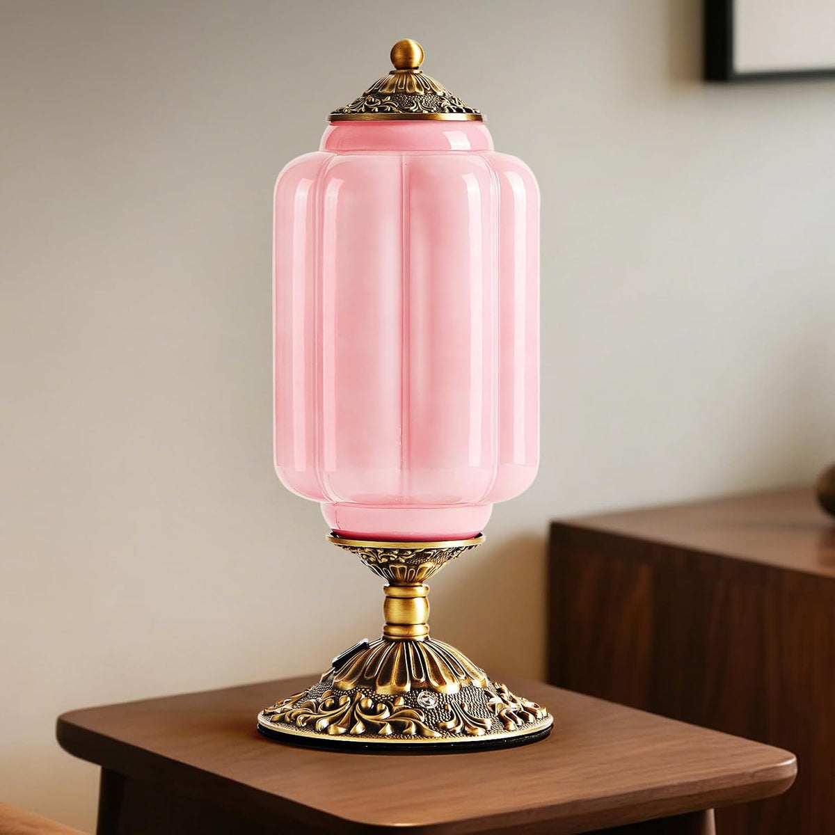 Pink Milk Glass Table Lamp, Touch Control with USB Charging Port Desk Lamp
