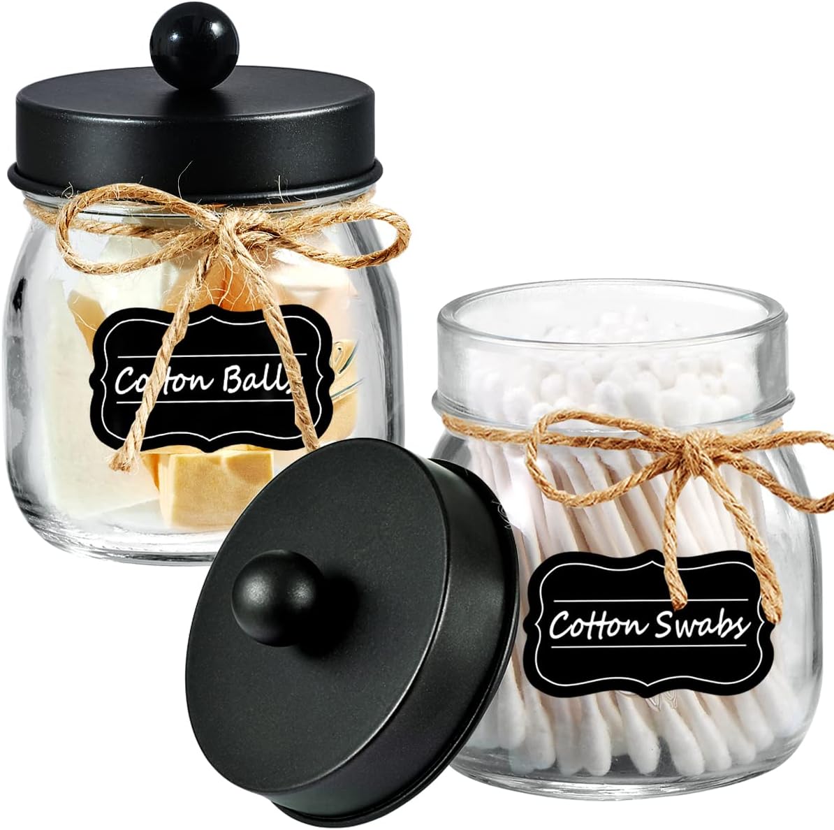 Amolliar Glass Mason Jar Qtip Dispenser Holder/Black, 2 Pack