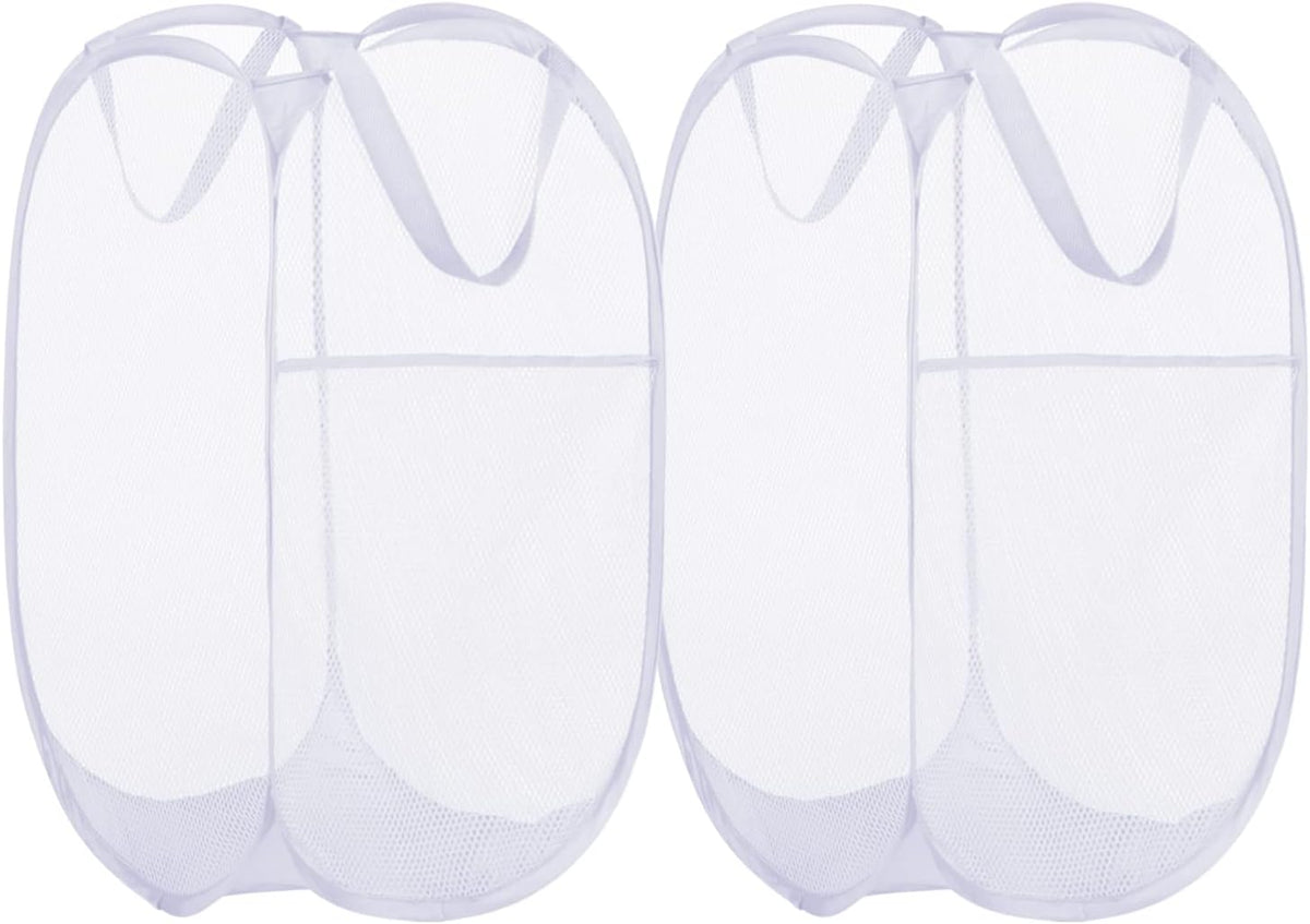 BATTOO Deluxe Strong Mesh Pop up Laundry Hamper Basket with Side Pocket for Laundry Room, Bathroom, Kids Room, College Dorm or Travel 2 Pack White