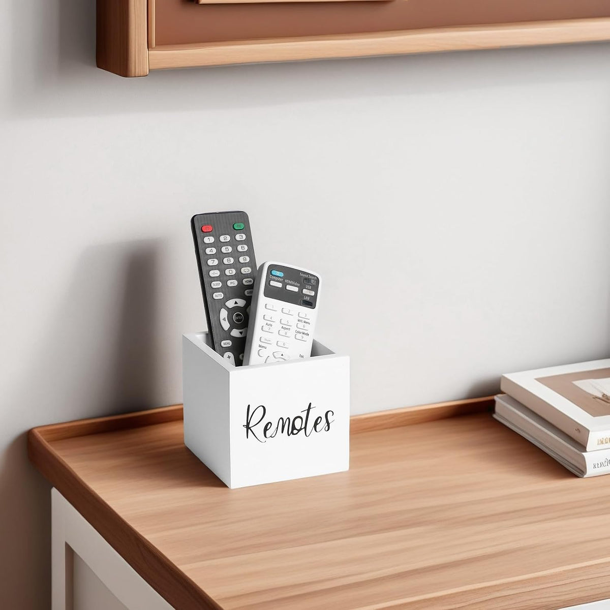 LBEMEY Wood Remote Control Holder, TV Remote Control Organizer for Home Bedroom Table, Multi-Purpose Desktop Storage (White, S,for 2 or 3 Remote Controls)