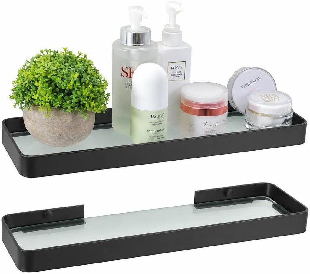Z metnal Small Glass Bathroom Shelves, Matte Black Floating Shelf Wall Shelf Organizer, Wall Mounted (Clear Glass, 11.8 Inch)