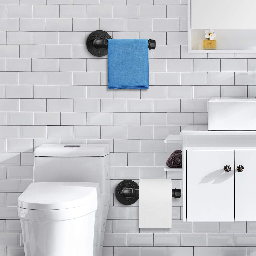 Industrial Pipe Toilet Paper Holder,Matte Black Heavy Duty DIY Vintage Rustic Iron Roll Tissue Wall Mounted Paper Holder Towel Racks with Hardware for Bathroom, Kitchen, Bedroom, Hallway(2 Pack)