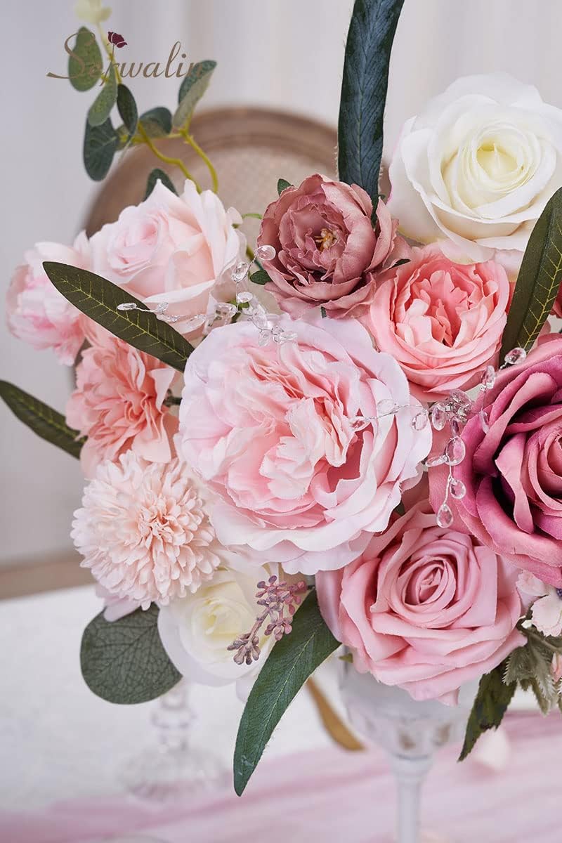 Serwalin Artificial Flowers Spring Pink Silk Roses Flower for Wedding Decor
