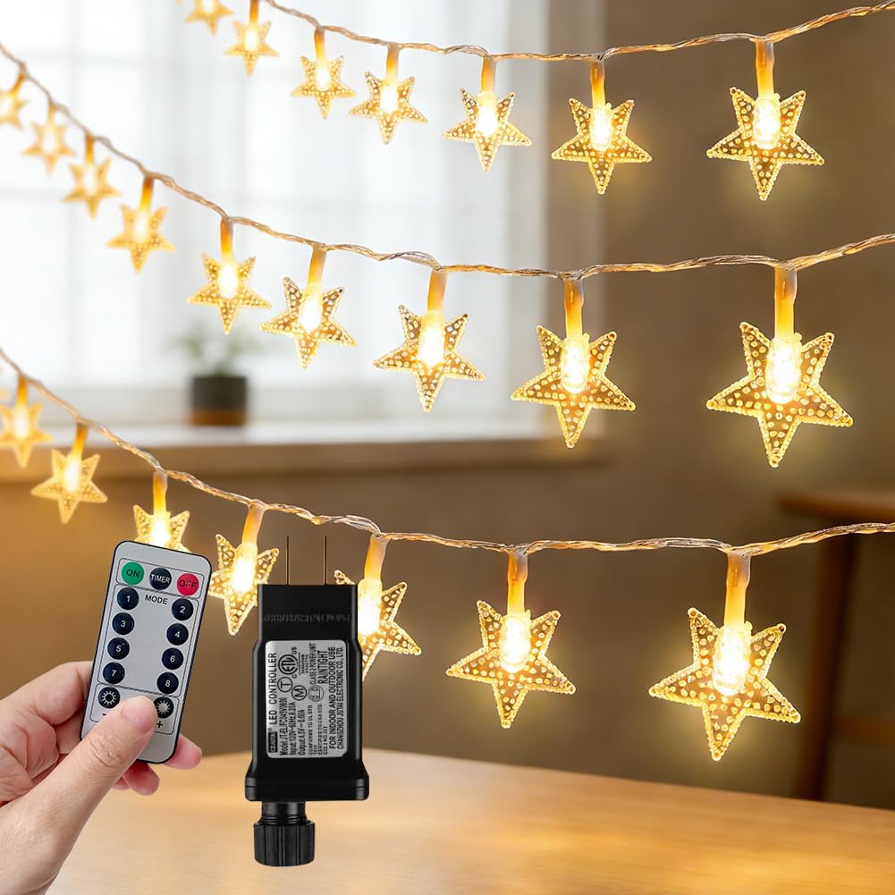 RaThun 49.2ft Star String Lights with Remote for Indoor Bedroom Warm White