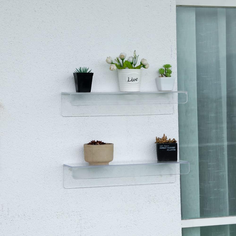 4 Pcak Clear Acrylic Shelves for Bedroom,Room,15 Inch Bathroom Wall Shelf & Organizer,Invisible Floating Shelves & Wall Storage for Collectibles Perfume Shelf,Record,Funko Pop,Lego Display,Bookshelf