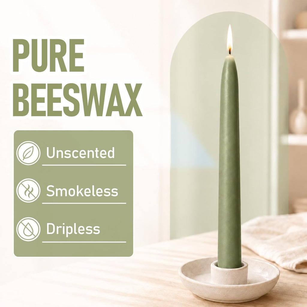 Green Beeswax Taper Candles,8" Long Candlestick,smokeless dripless unscented Natural Beeswax Candles.for Gift,Mother's Day (Green, 12 Pack)