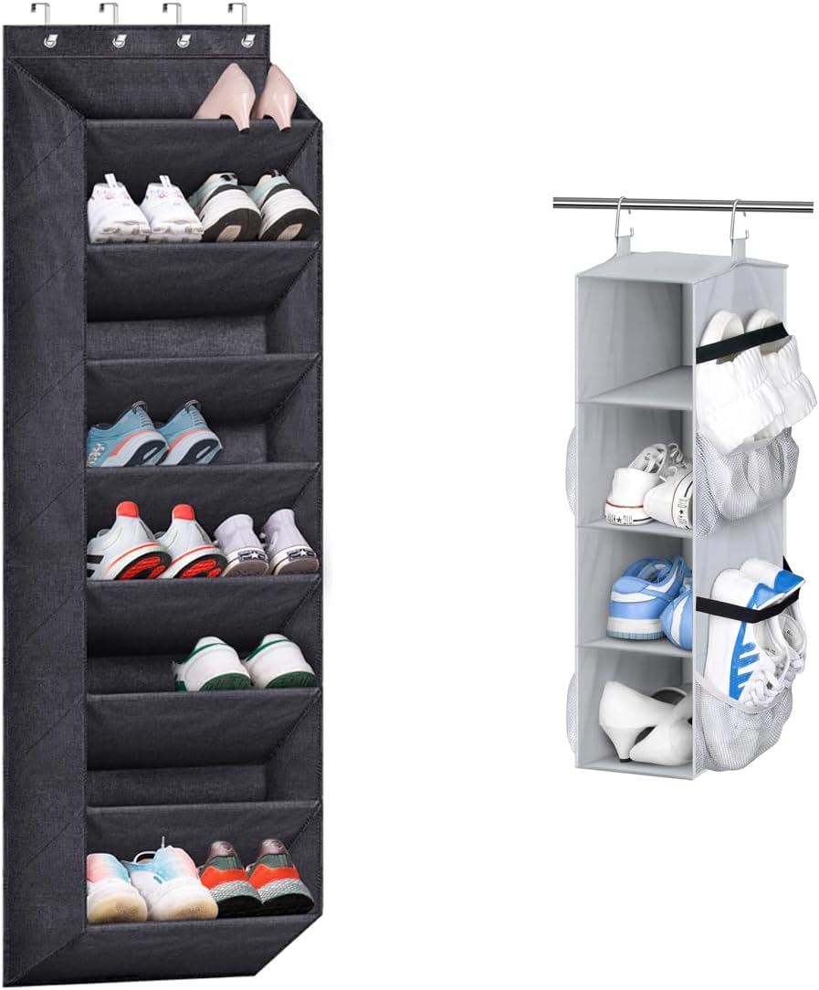 SLEEPING LAMB Over The Door Shoe Organizer for Closet with 8 Large Deep Pockets and Short Hanging Shoe Organizer for Closet Storage with Mesh Side Pockets Holds 8 Pairs, Grey