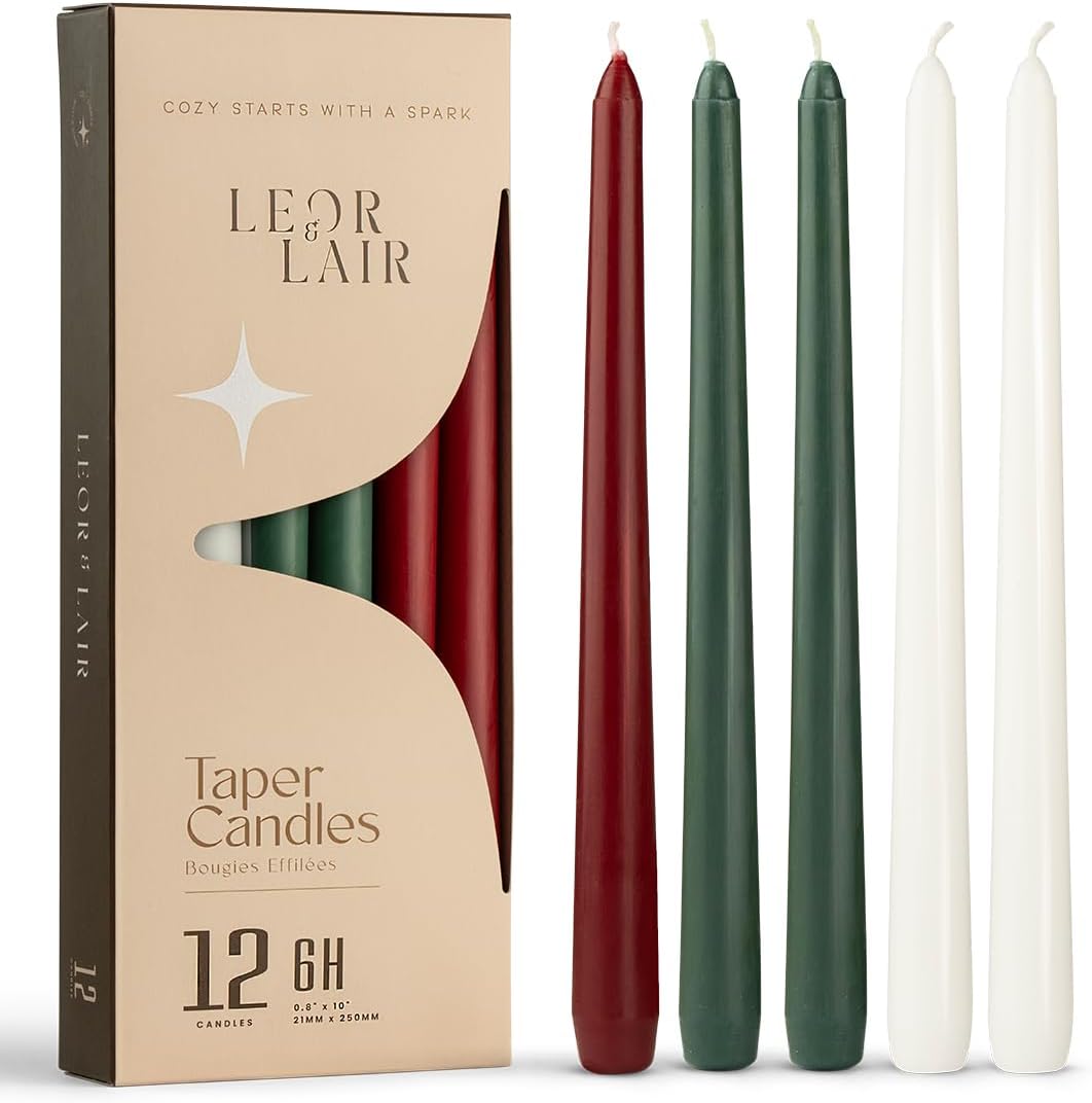 Leor & Lair 10” Christmas Taper Candles, 12 Pack, Red, Green & White