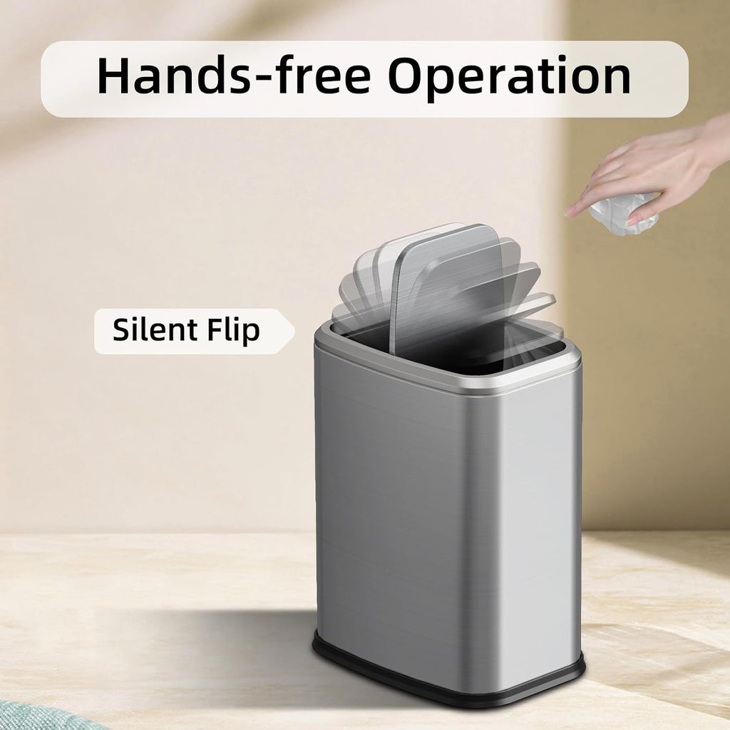 8L/2.1 Gal Small Bathroom Trash Can with Lid, Swing-Top Rectangular Waste Bin, Stainless Steel Garbage Can for Home, Office, Toilet, Bedroom, Living Room (Silver)