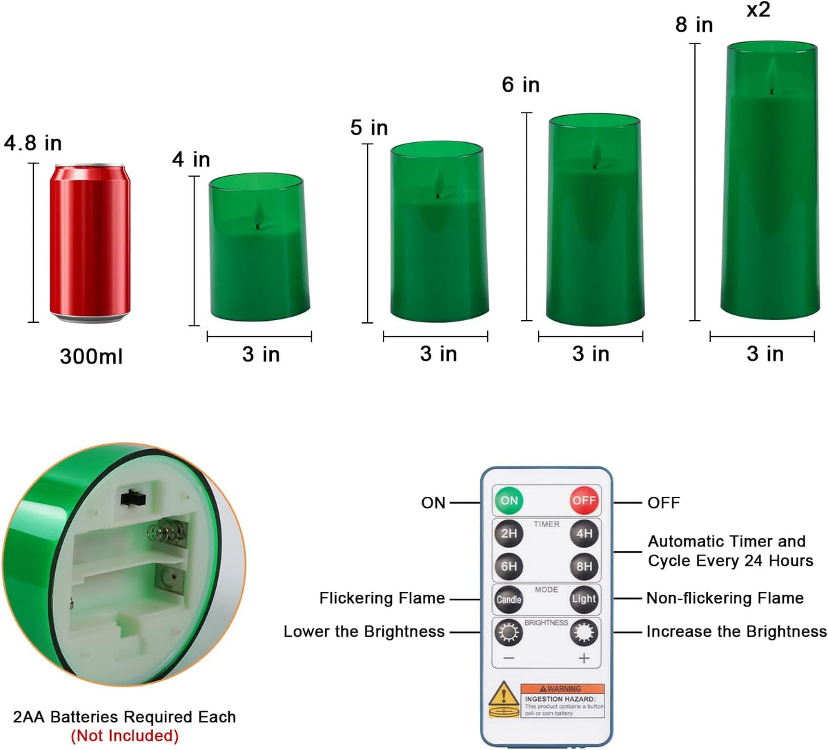 Raycare Battery Operated Flameless Pillar Candles with Remote Timer, Green