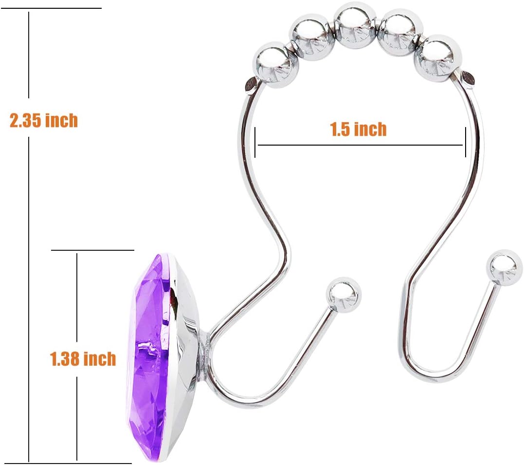 Shower Curtain Hooks Rings for Bathroom, 12PCS Double Hooks Glide Anti Rust Crystal Rhinestones Shower Curtain Rings Hangers for Shower Curtains, Clothing, Towels, etc. (Purple)
