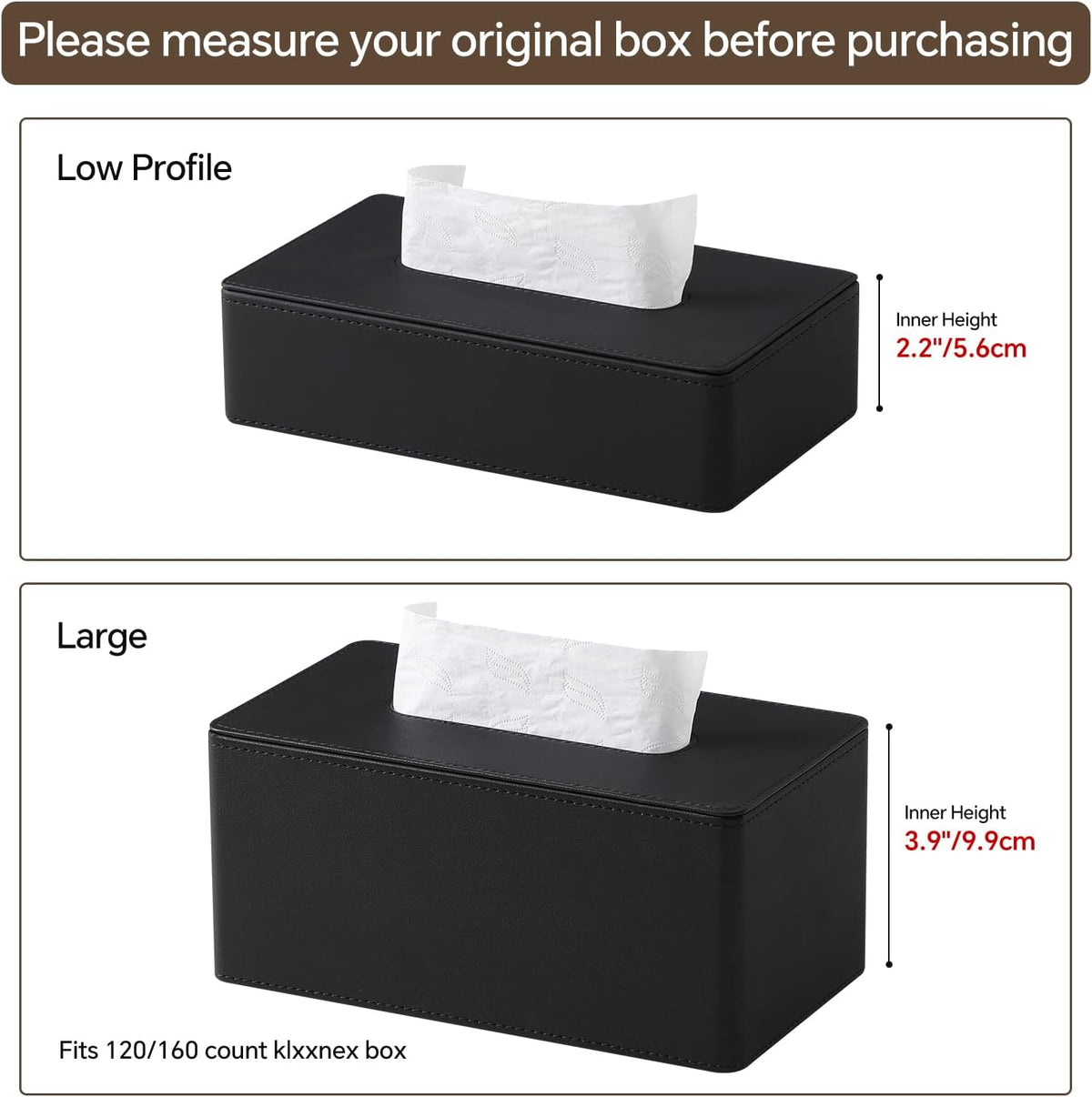PU Leather Tissue Box Cover Rectangle, Inner Height 3.9", Black