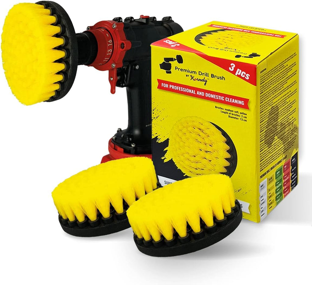 Premium Drill Brush Professional – Medium-Soft 5 in Yellow Set of 3 | Scratch-Free Cleaning Brush for Tile, Grout, Bathtub, Shower, Fibreglass and Ceramic Surfaces