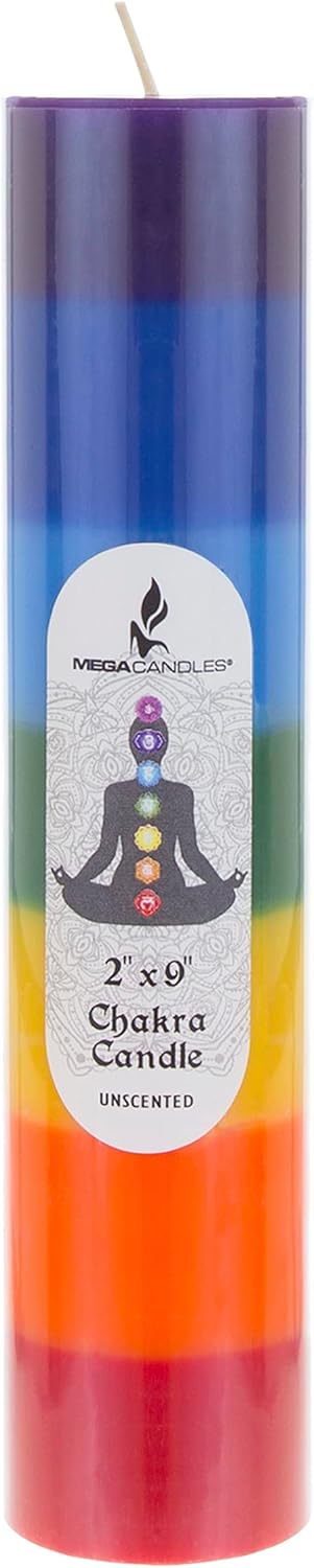 Mega Candles 1 pc Unscented Multi Color Solid Pillar Chakra Candles, Hand Poured Premium Wax Candle 2 Inch x 9 Inch, 100% Cotton Wick, Positive Healing Energy, Meditation, Relaxation, Reiki, Yoga