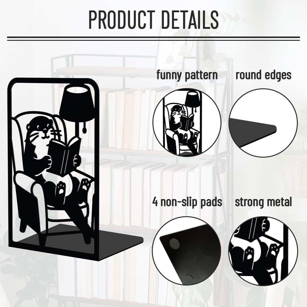 WADORN 1 Pair Reading Otter Metal Decorative Bookend for Shelves, Heavy Duty Book Ends Modern Non-Skid Books Holder Stand Black Book Support Stoppers for Office Desk Bookshelf, 5.3x4.3x7.8 Inch