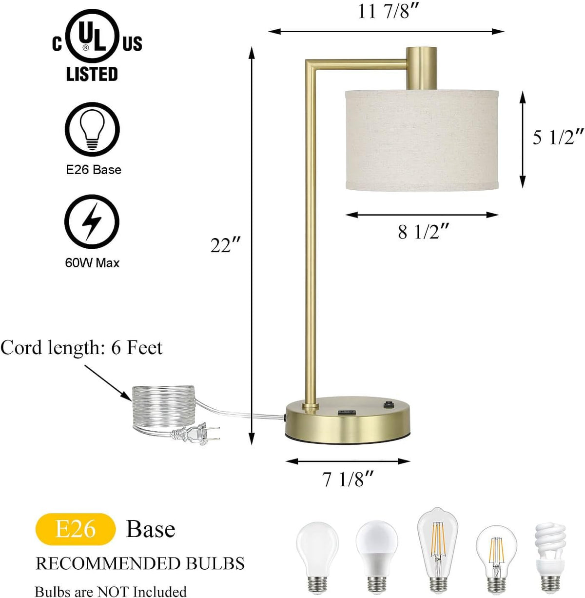 XiNBEi Lighting Table Lamp USB Desk Lamp for Bedroom, Satin Brass