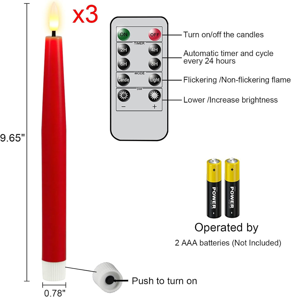 GenSwin Red Flameless Taper Candles Led Battery Operated Remote Timer