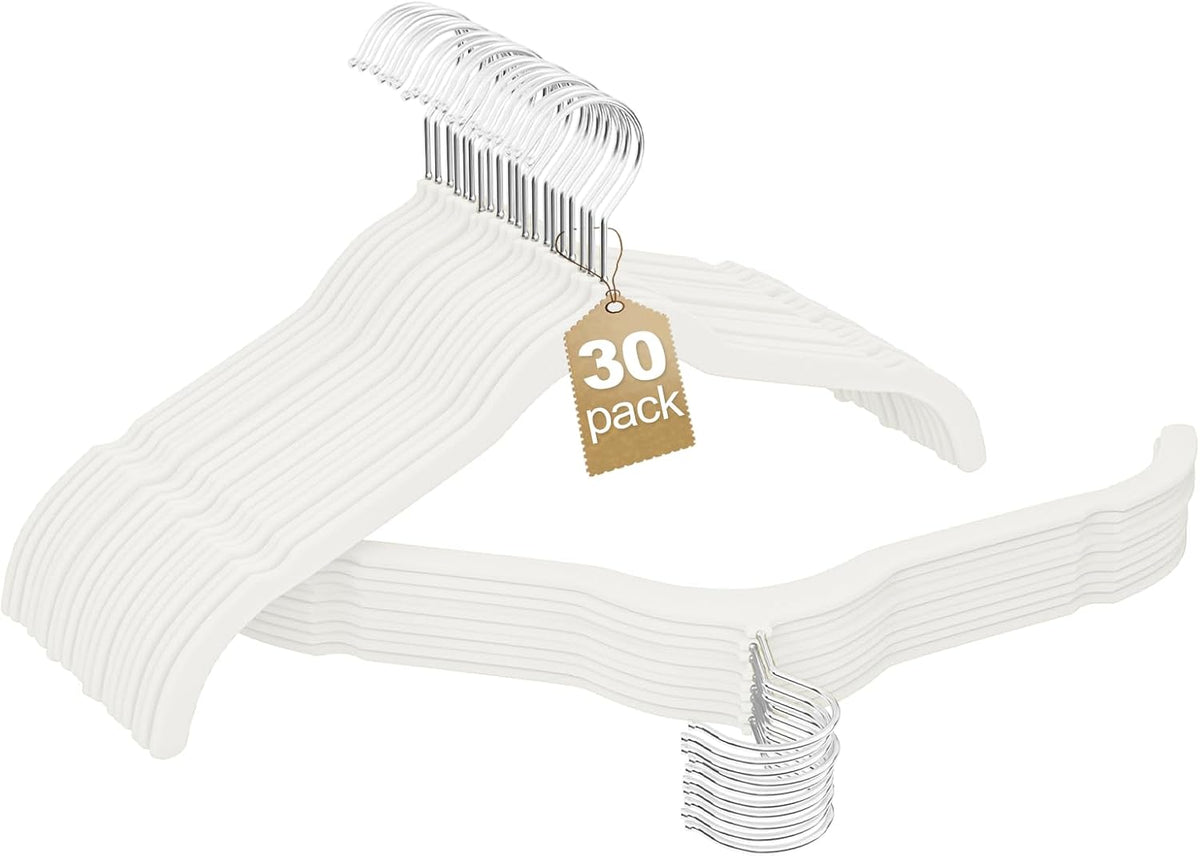 Velvet Shirt Hangers 30 Pack, No Shoulder Bumps for Clothes (White)