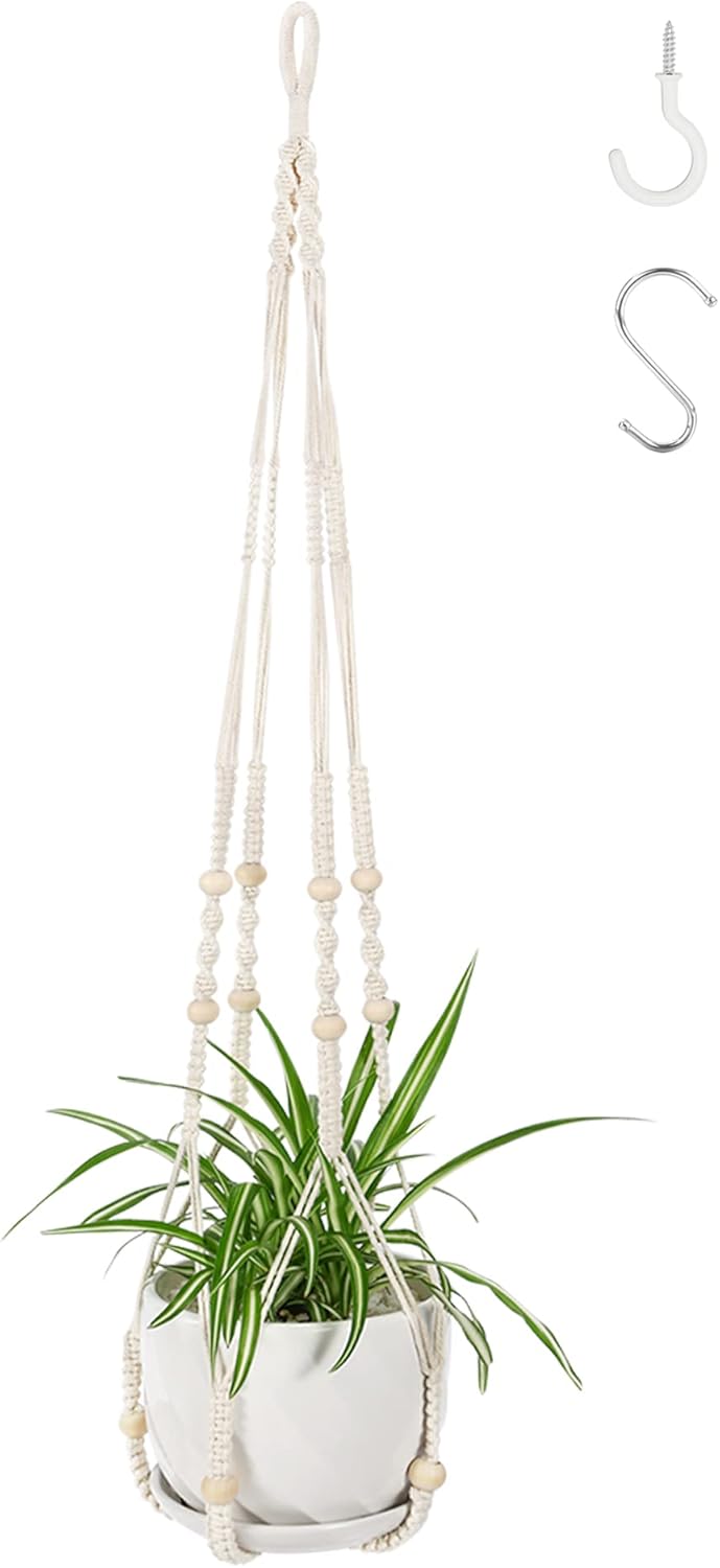 43 Inch Macrame Plant Hanger Indoor, Large Size No Tasselss Crochet Cotton Rope Hanging Planter Basket, Decorative Flower Pot Holder for Boho Home Decor (with 2 Hooks)
