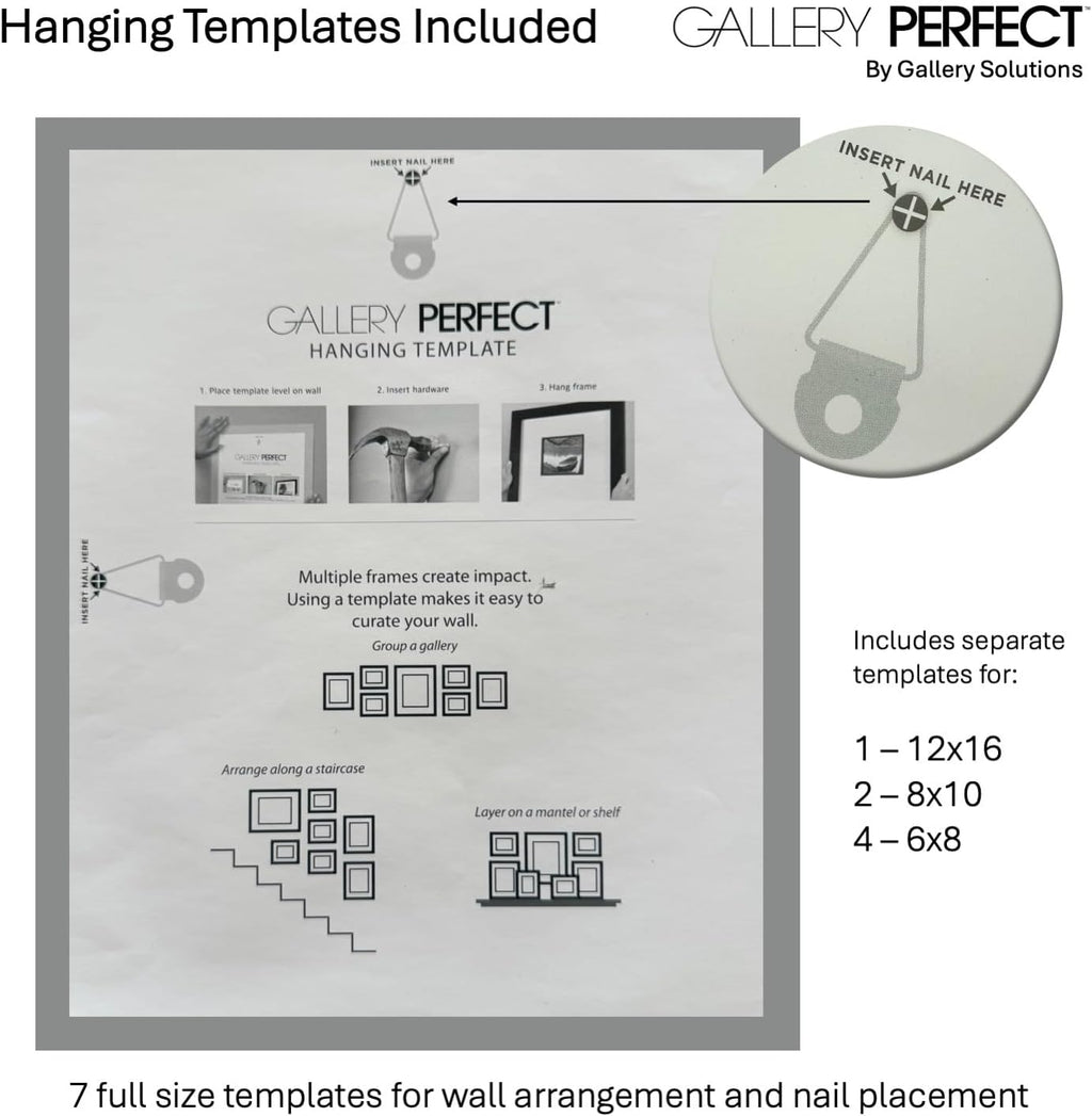 GALLERY PERFECT Multi-Size Picture Frame Set 7 Pack, White Gallery Wall Frames with Hanging Hardware, Clear Glass - One 12x16, Two 8x10, Four 6x8 Matted Photo Frames for Wall Display