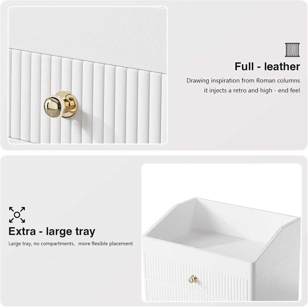 LADSTAG Desk Organizer,Beige White Vegan Leather Desk Accessories & Workspace Organizers with 2 Drawers & Tray,Key Holder with Gold-Tone Metal Accents knob，Jewelry Box,Nightstand