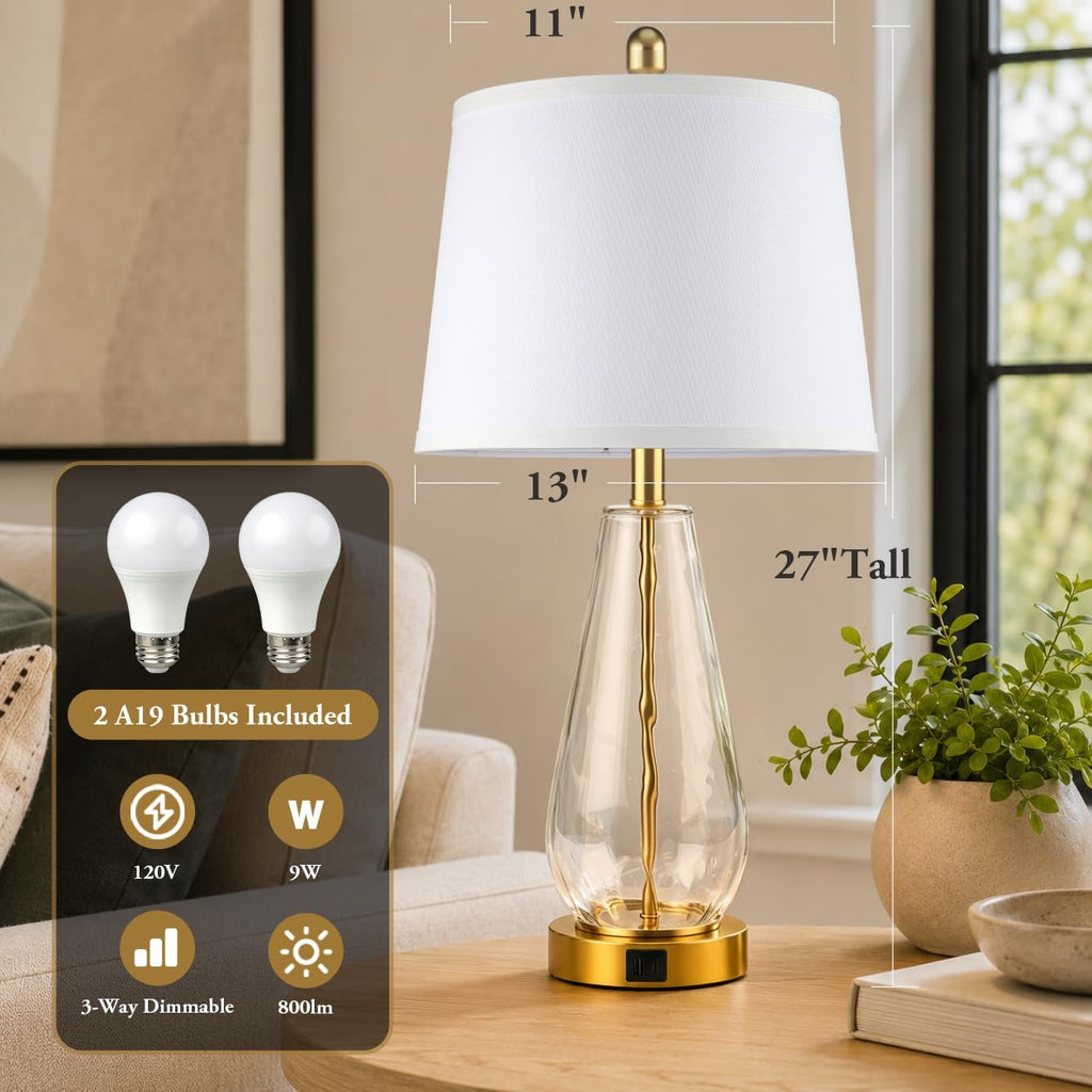 27'' Glass Table Lamps Set of 2 for Living Room, Gold Modern Lamps