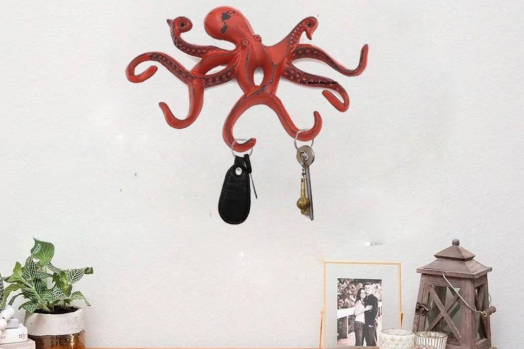 Octopus Keys Hook, Decorative Wall Mounted Nautical Wall Rack, Antique Key Holder Hook, Cast Aluminum Hanger for Hand Towel, Bathrobe, Jacket, Bedroom, Bathroom, Kitchen & Balcony (Distressed White)