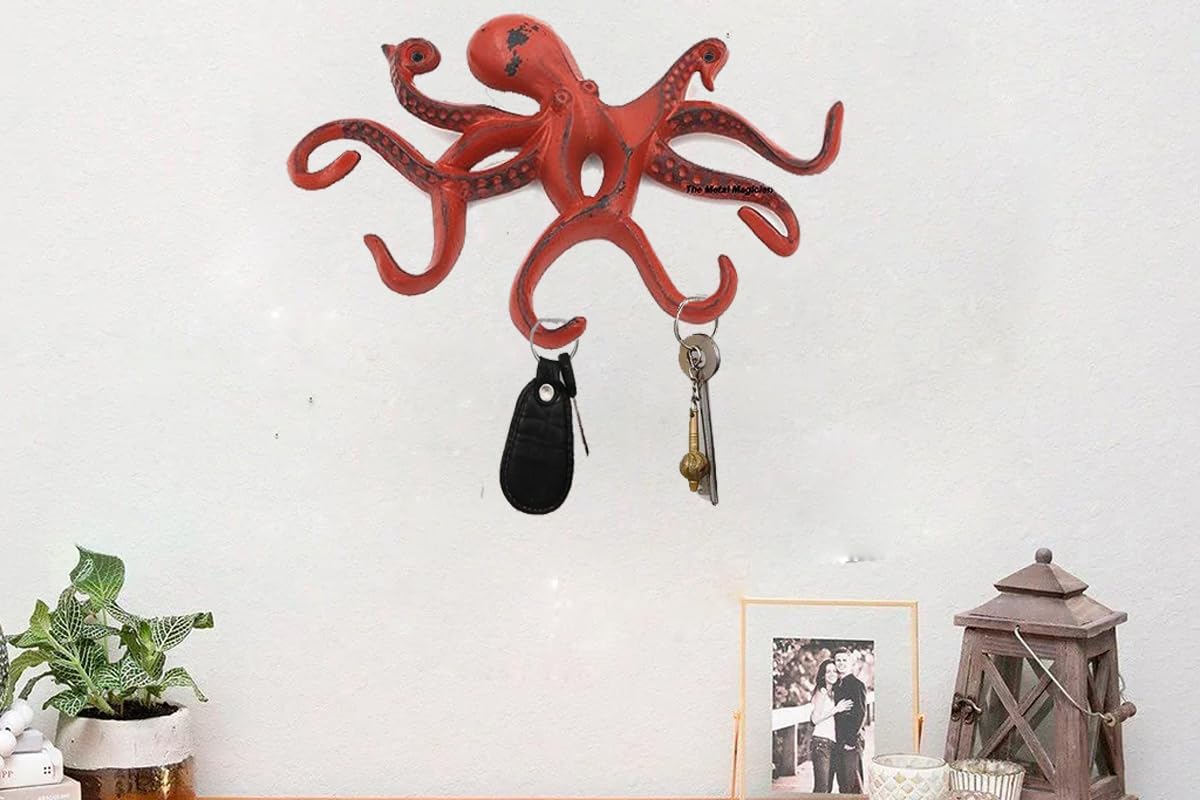 Octopus Keys Hook, Decorative Wall Mounted Nautical Wall Rack, Antique Key Holder Hook, Cast Aluminum Hanger for Hand Towel, Bathrobe, Jacket, Bedroom, Bathroom, Kitchen & Balcony (Distressed White)
