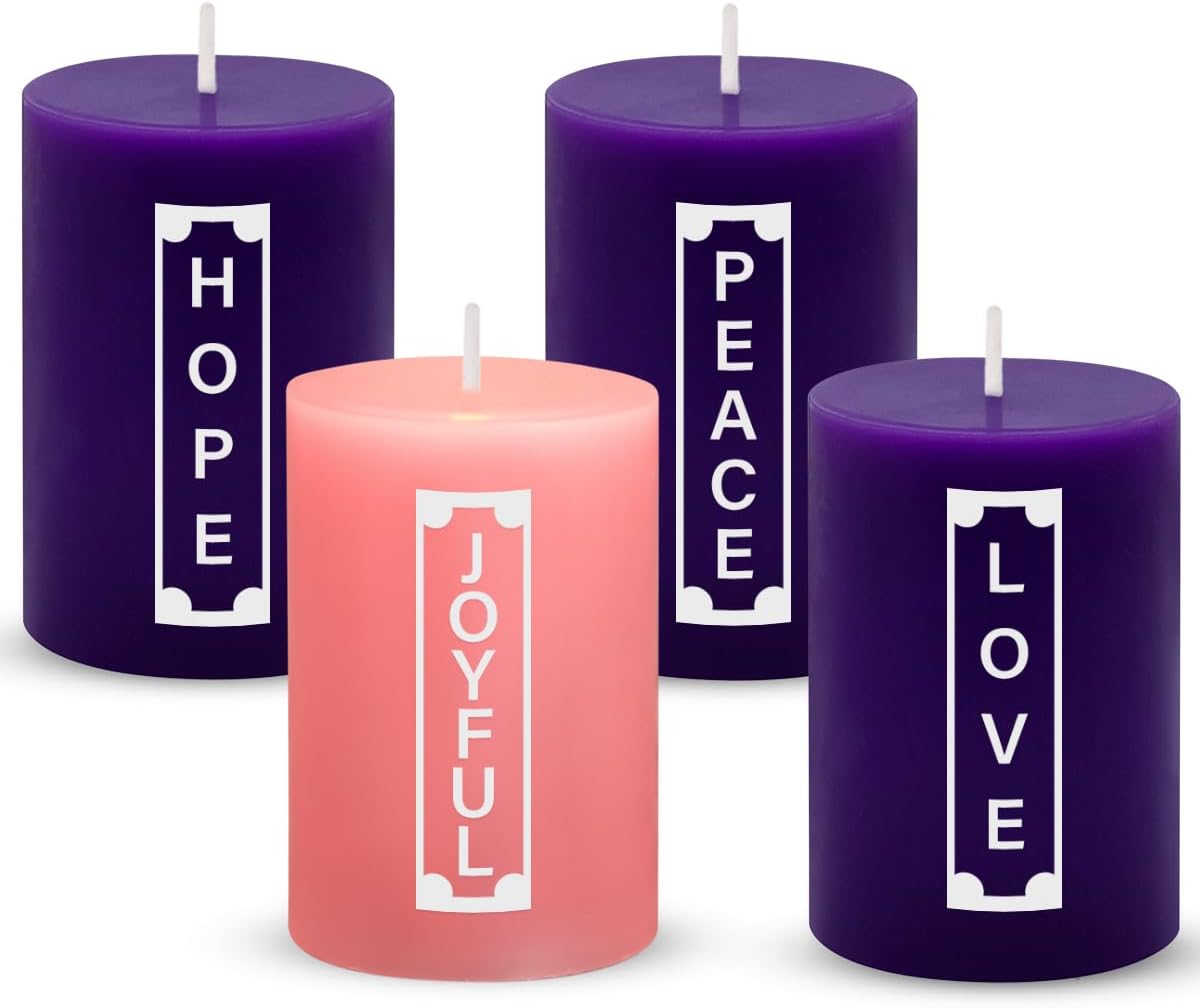 Set of 4 2x3 Inch Advent Pillar Candles with Words Peace, Love, Hope and Joyful, Unscented Purple and Pink Christmas Seasonal Candles - 24 Hour Burn Time