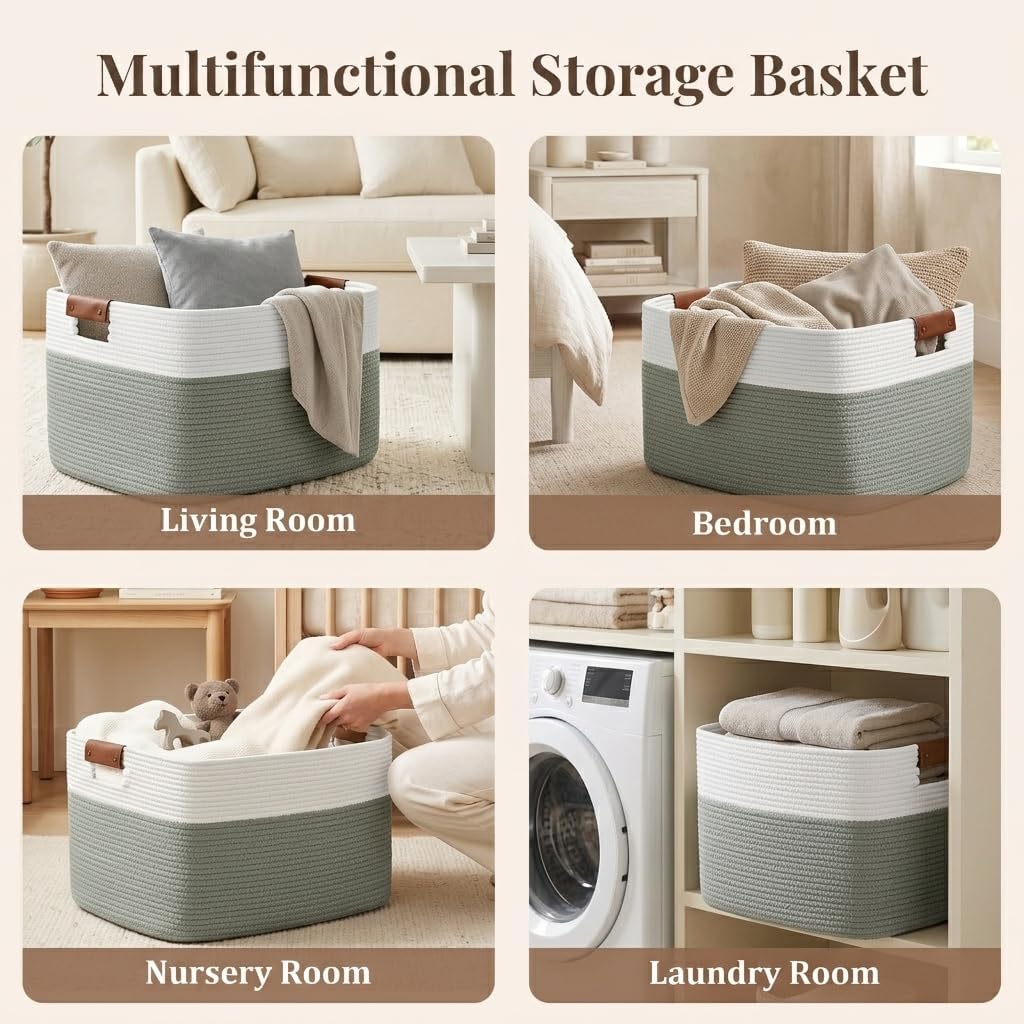 Danpinera 70L Large Woven Blanket Basket for Living Room White & Sage Green