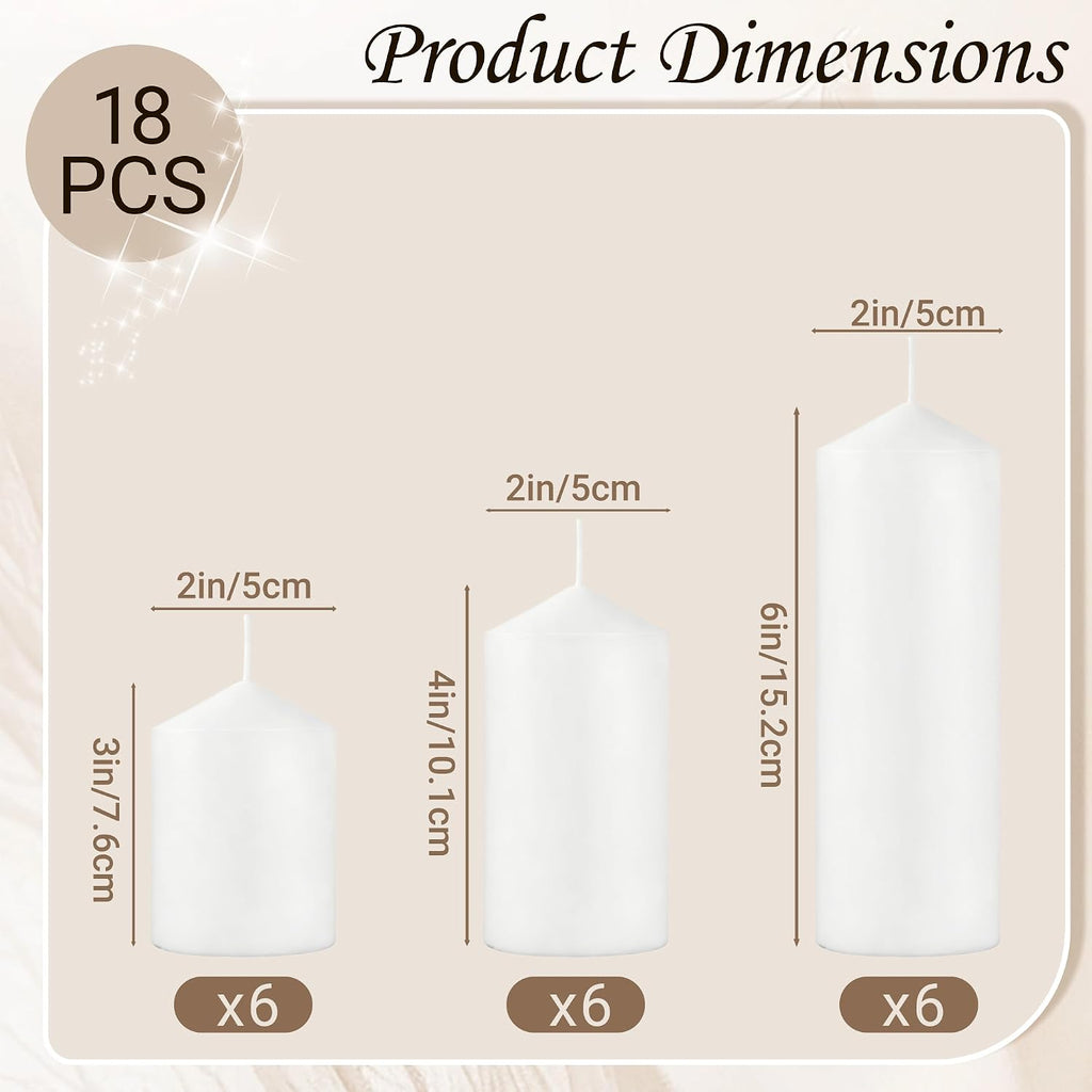 18-Pack White Pillar Candles Bulk Set, 2x3, 2x4, 2x6 Inch