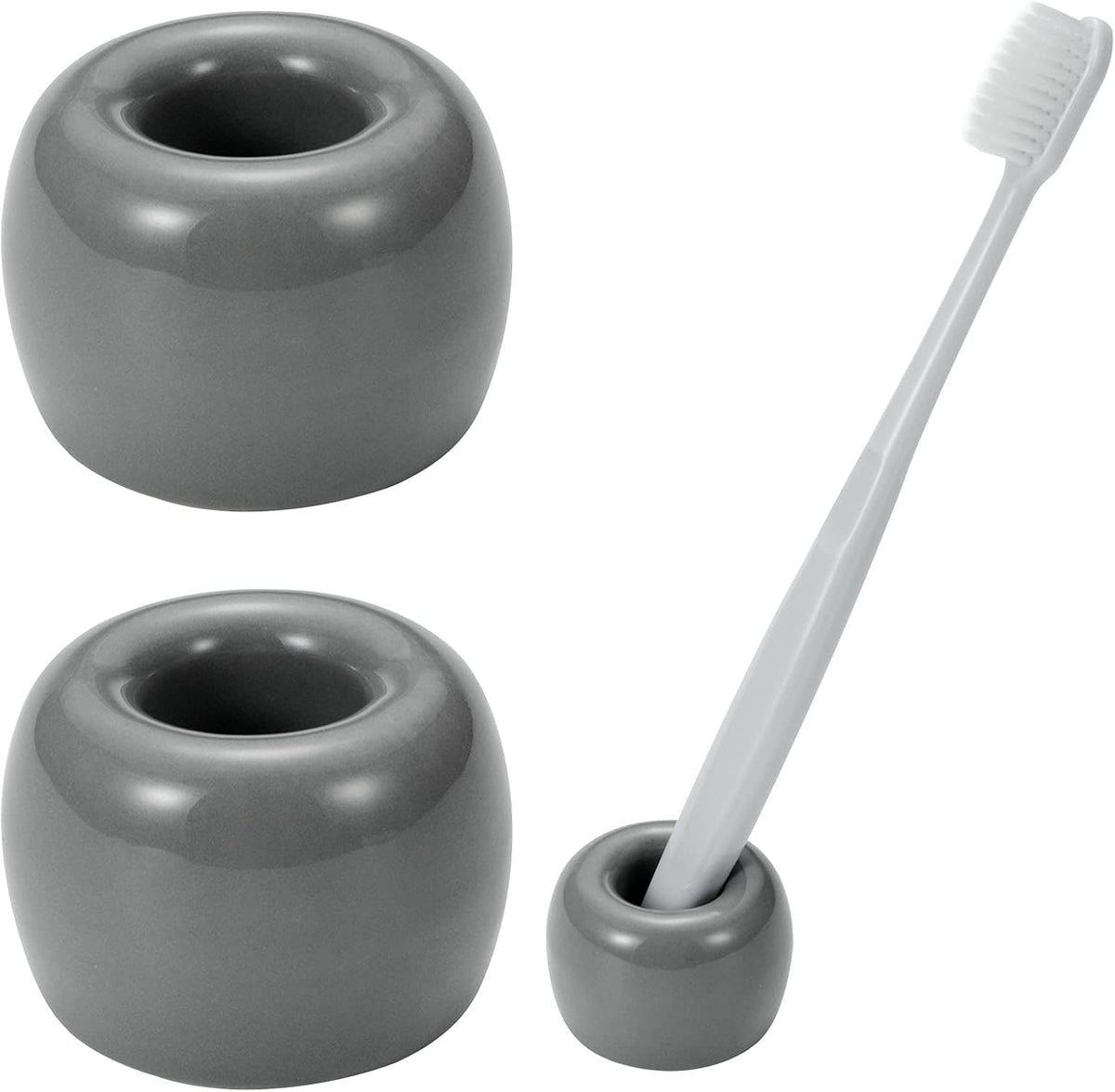 Mini Ceramic Couple Toothbrush Holder, Hand-Made Bathroom Toothbrush Holder, Electric Toothbrush Head Holder and Office Pen Holder 2-Piece Set (Gray)