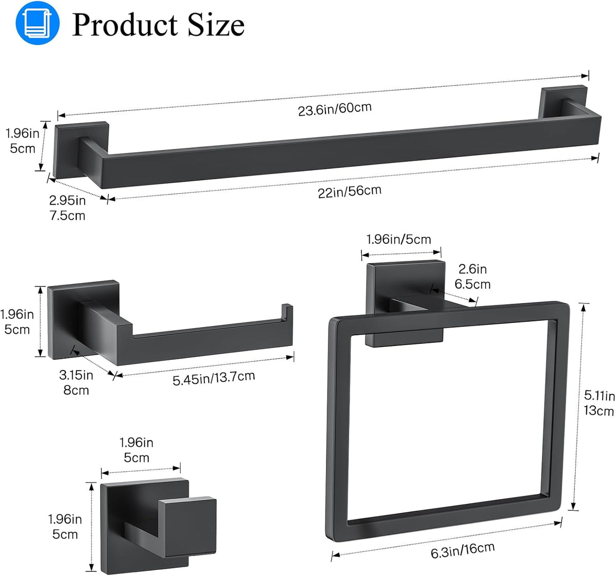10-Piece Black Bathroom Hardware Set Towel Bar Set for Bathroom 23.6 inch
