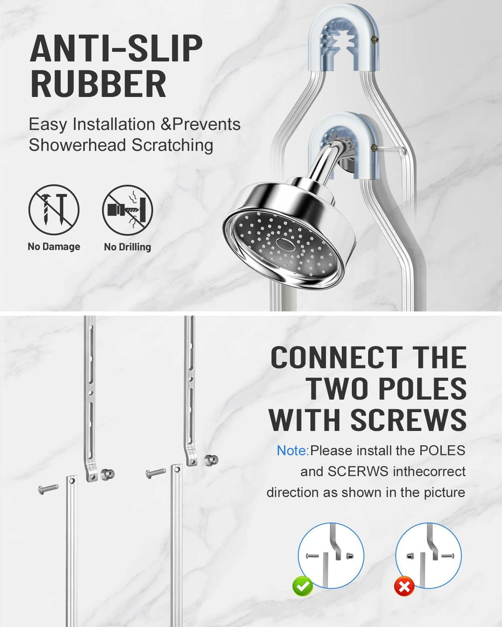 Adjustable Shower Caddy Hanging for Handheld Showerheads - Never Rust Shower Hanging Organizer, Upgraded Bathroom Shower Rack with Soap Basket, Hooks and Toothbrush Holder (Silver)