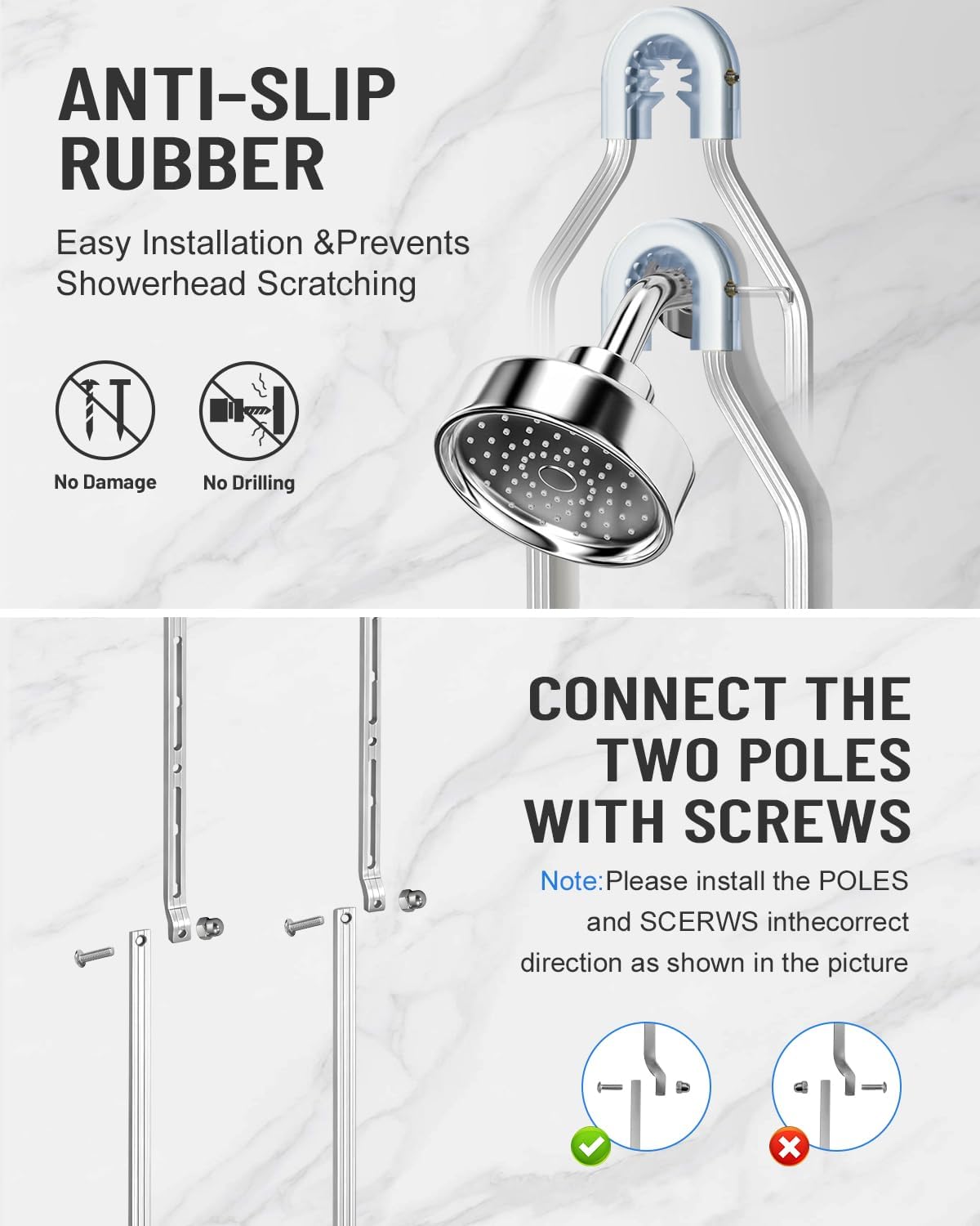Adjustable Shower Caddy Hanging for Handheld Showerheads - Never Rust Shower Hanging Organizer, Upgraded Bathroom Shower Rack with Soap Basket, Hooks and Toothbrush Holder (Silver)
