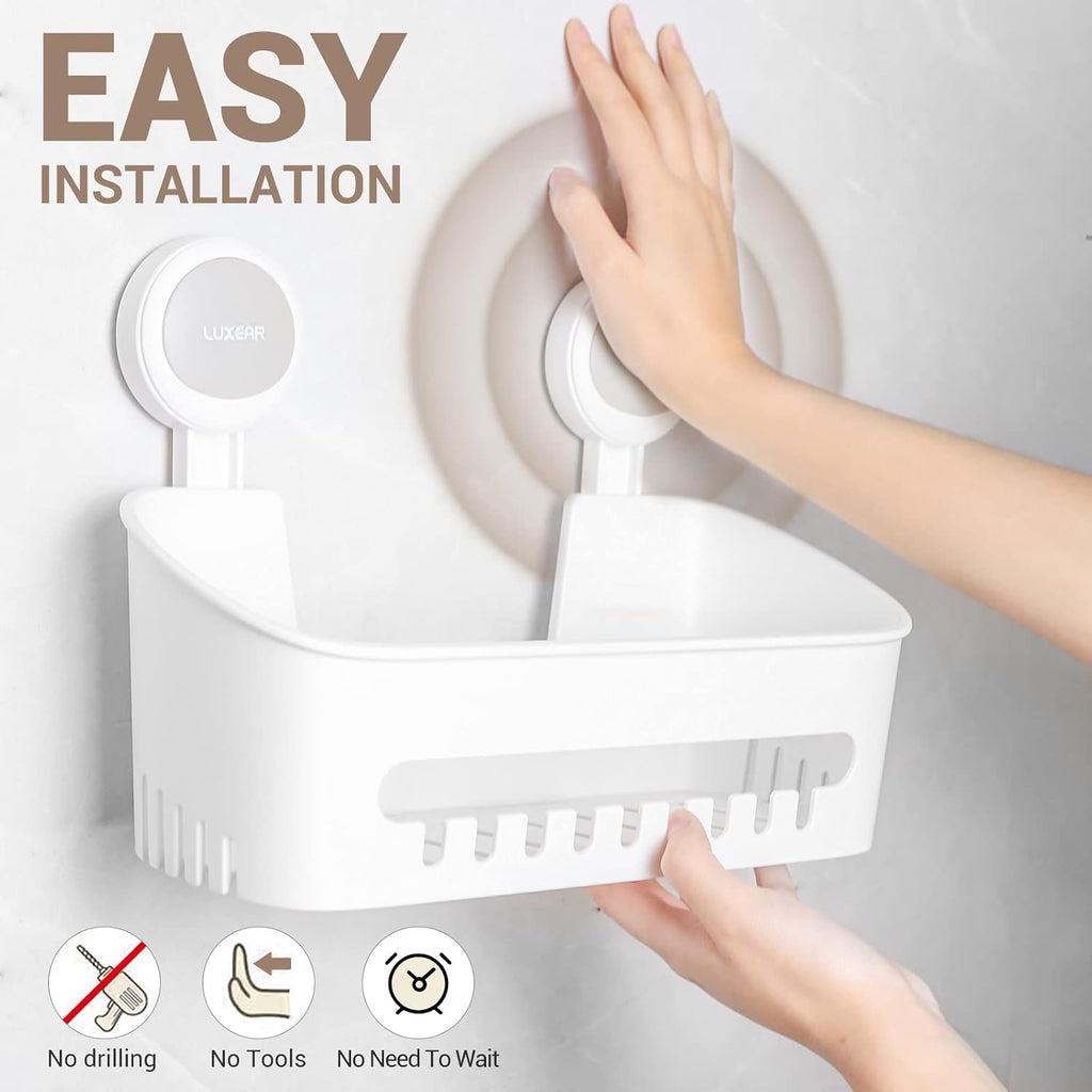 LUXEAR Shower Caddy Suction Cup 2 Pack Suction Shower Basket + Soap Dish Holder NO-Drilling Removable One Second Installation Shower Organizer Powerful Waterproof Bathroom Caddy Storage