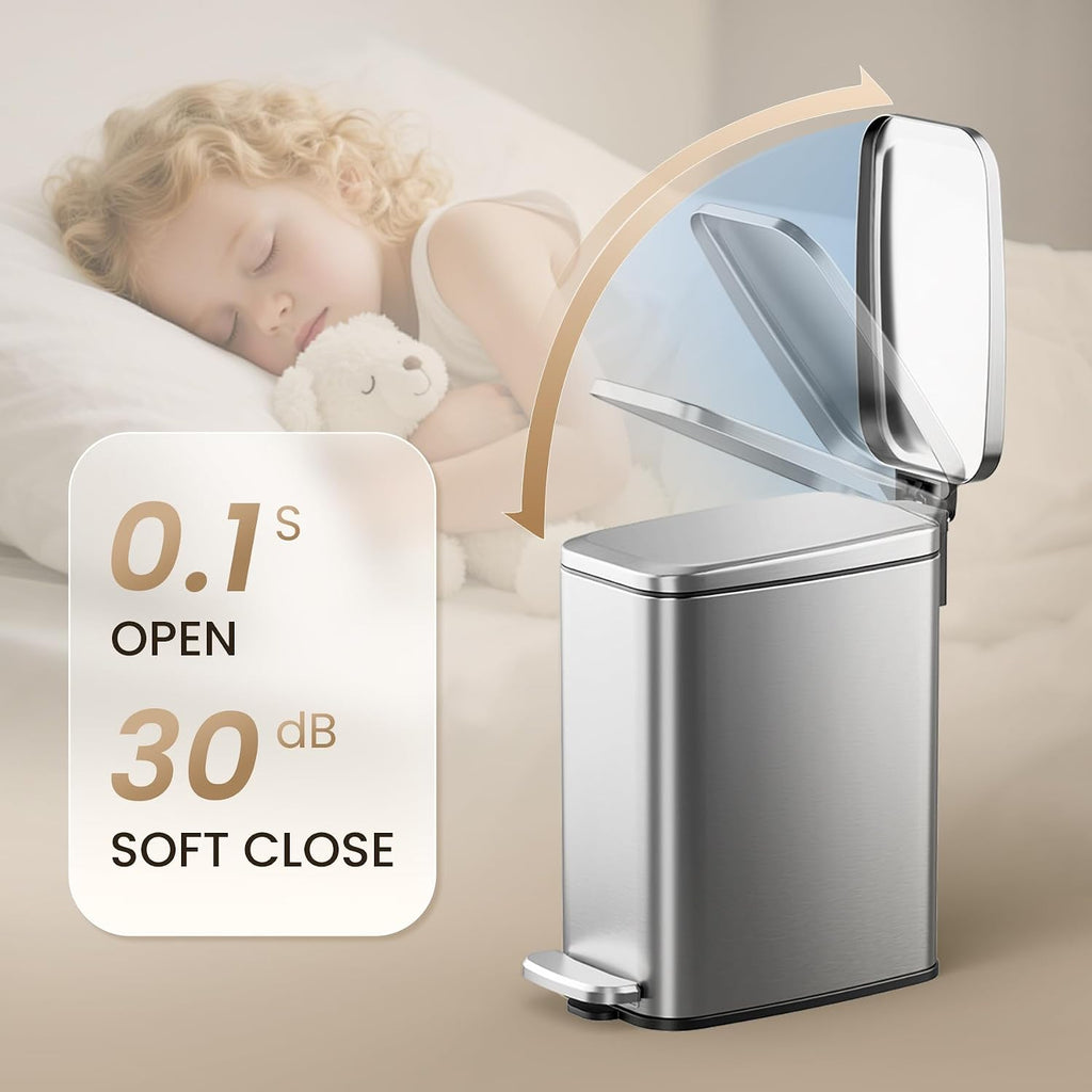Cesun Slim Bathroom Trash Can with Lid, Soft Close, Silver, 6L/1.6 Gallon