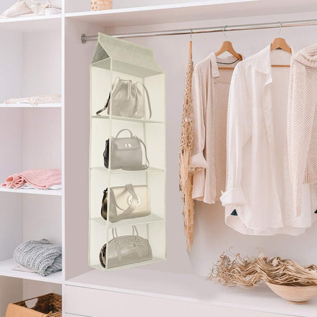Closet Handbag Purse Holder, Space Saving Hanging Handbag Storage Tote Bag Organizer Holder with 4 Large Heavy-Duty Mesh Shelves for Wardrobe Closet(Pack of 2 Beige)