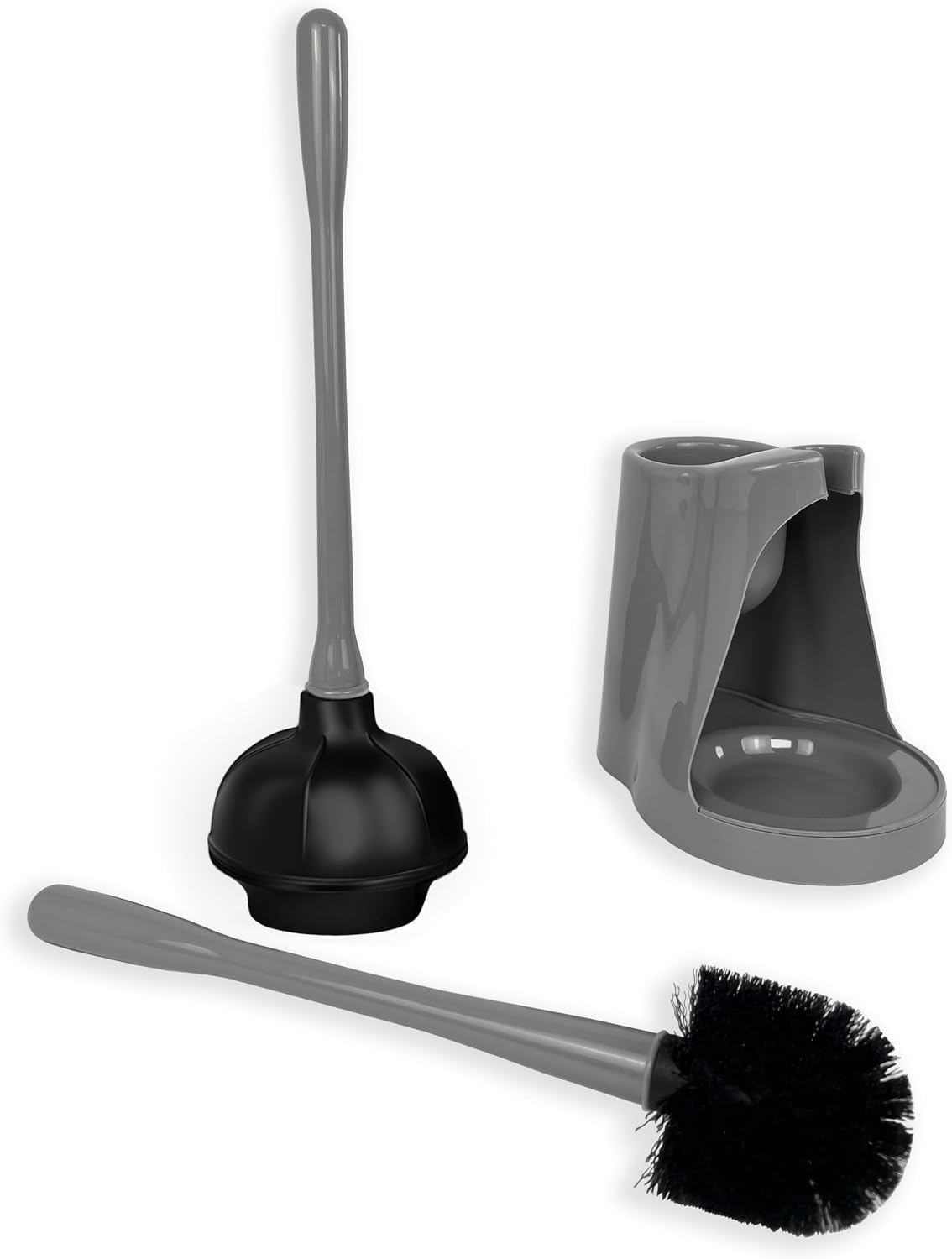 2 in 1 Toilet Brush and Plunger Set - Toilet Brush with Solid Handle, Stand and Holder for Deeply Cleaning in Bathrooms - Plastic Toilet Brush and Holder Set in Grey
