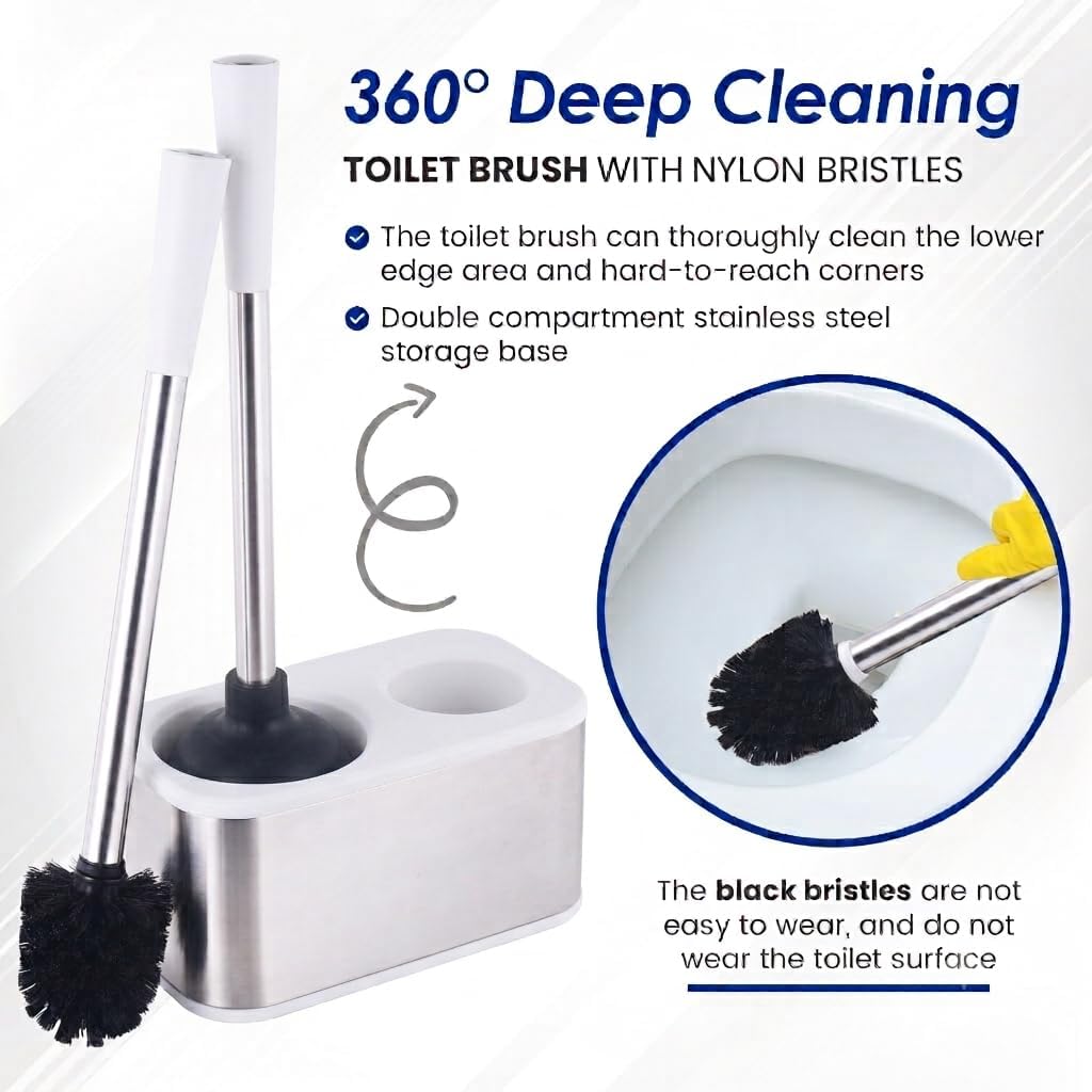 Stainless Steel Toilet Brush and Holder Set - Modern Toilet Brush and Plunger Set - Bathroom Essentials (White)