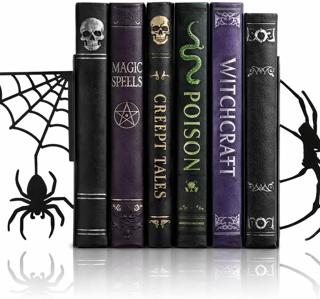 Spider Metal Bookends Set of 2 Stylish Gothic Design Black Spider and Web Bookends for Shelves Office Desk Home Decor Book Lovers Gift Reading Enthusiasts