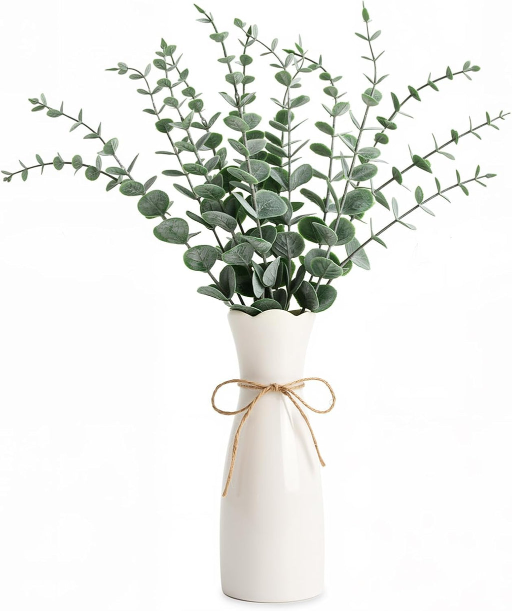 Artificial Eucalyptus Stems in White Vase, 20pcs Faux Greenery Arrangement with 7.87" Ceramic Vase, 15.7" Decorative Fake Plant for Boho Farmhouse Home Decor