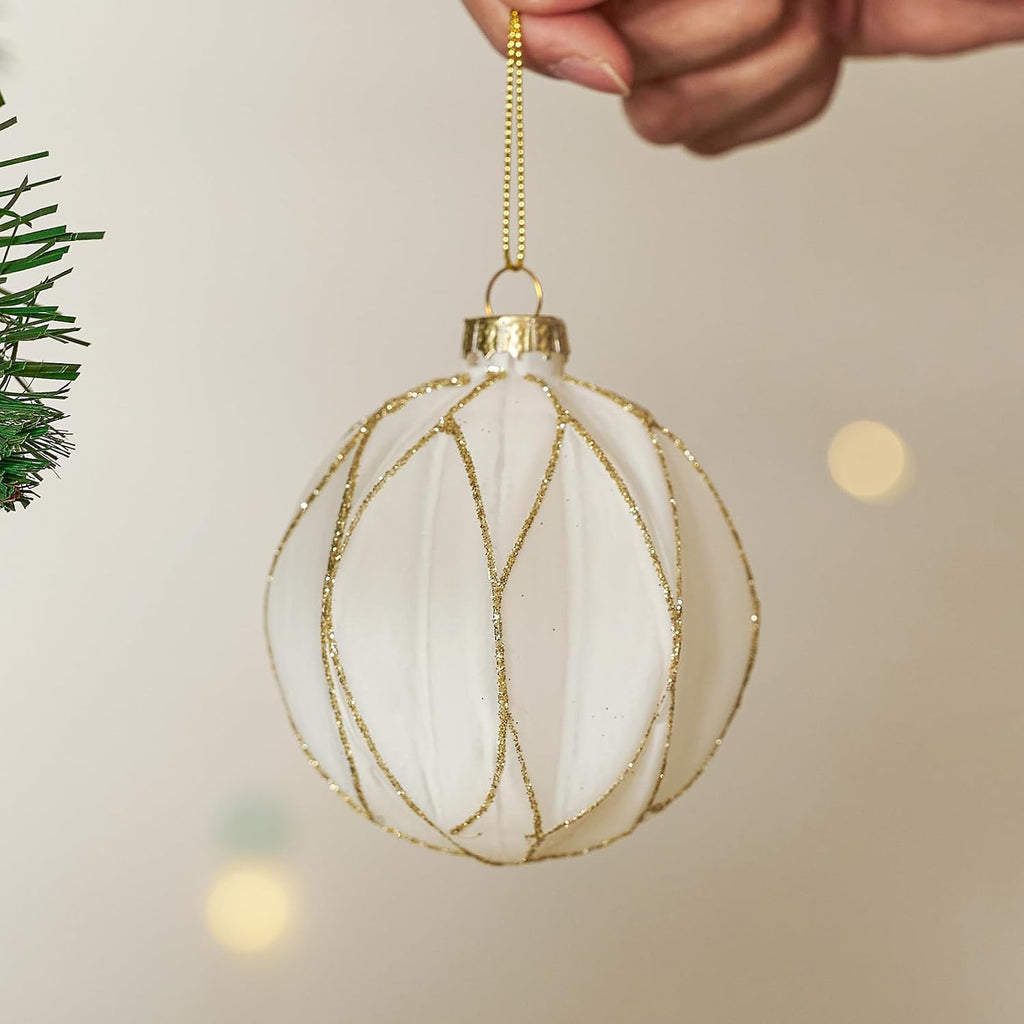 WDS WONDROUS Christmas Ornaments White and Gold Line, Glass Christmas Ball
