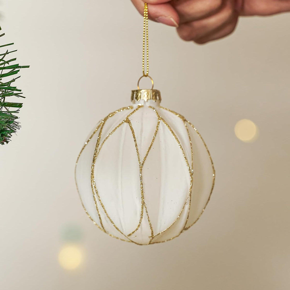 WDS WONDROUS Christmas Ornaments White and Gold Line, Glass Christmas Ball